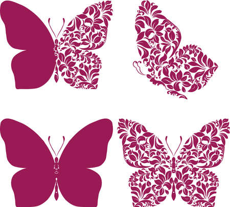 Butterfly set with patterned wing, flower style, spa beauty salon logotype, floral design templateのイラスト素材