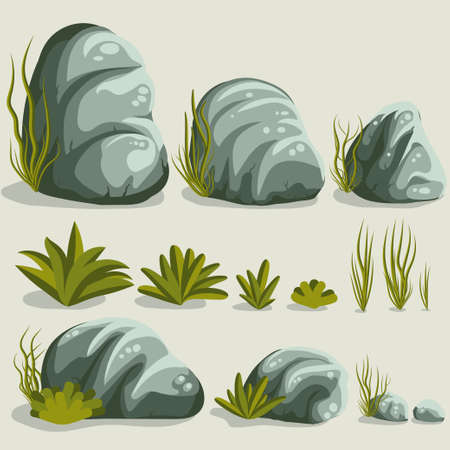 Rock stone set with grass. Stones and rocks in isometric 3d flat style. Set of different bouldersのイラスト素材
