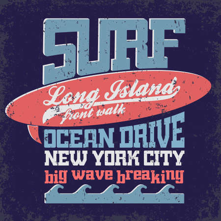 Surfing t-shirt graphic design. Long Island surfing emblem. New York surfers wear typography emblem. Vectorのイラスト素材
