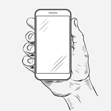 Mobile phone in hand front view. Sketch of human hand which is holding empty smartphone. Vectorのイラスト素材