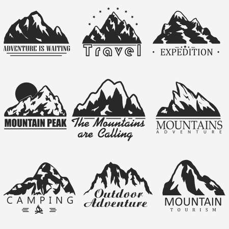 Mountain vector icons set. Landscape silhouette elements. Outdoor snow ice mountains tops symbols. Camping logo, geology and travel labels, climbing badges. Vectorのイラスト素材