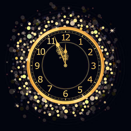 Golden New Year Clock on a Glowing background with bright sparkle lights and shiny spots. Vector illustrationのイラスト素材
