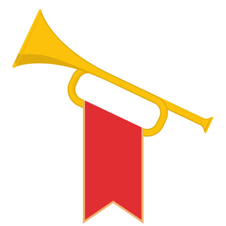 Trumpet with red flag icon. Brass Bugle Cartoon Illustration. Horn Flat design. vectorのイラスト素材