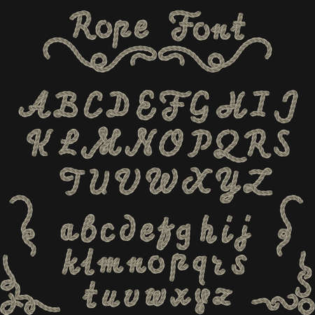Rope font, nautical hand written Letters, sea style rope-characters, decorative Latin alphabetのイラスト素材
