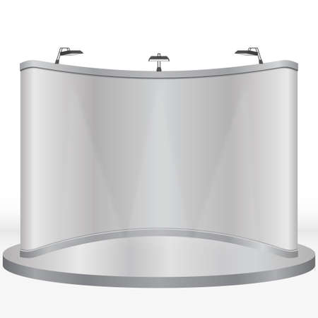 Trade exhibition stand for Presentation with Spotlight. Blank show booth billboard, concave wall....