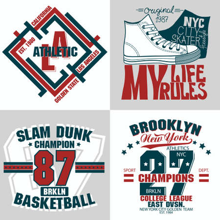 T-shirt stamp graphic set, Sport wear typography emblem, vintage tee, athletic apparel design print. vectorのイラスト素材