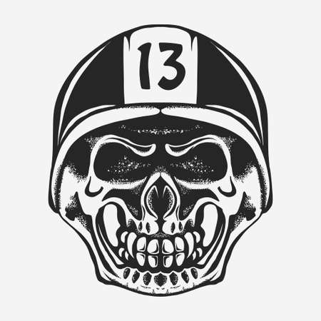 Skull rider in helmet with number. Motorcycle graphic print, Retro Motorbike Skull-Biker Badge. vectorのイラスト素材