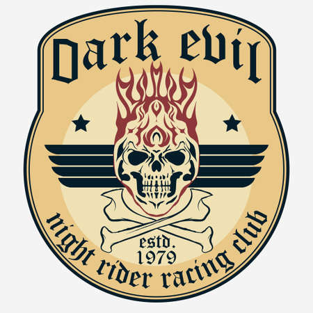 Motorcycle rider t-shirt graphics. Flame Skull and bones . Grunge Racer emblem. Biker vintage apparel print. Vectorのイラスト素材