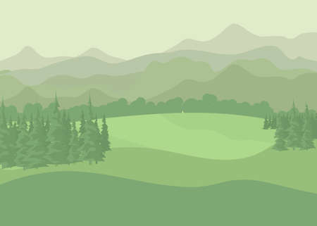 Summer rural landscape.  Trees on a hill, background of meadows.  Flat style vectorのイラスト素材