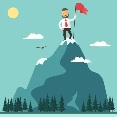 Businessman with flag on a Mountain peak, successのイラスト素材