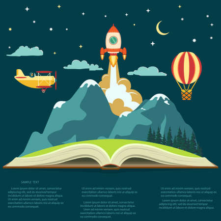 Imagination concept, Reading opened book, mountain, flying rocket, air balloon and airplane. Vectorのイラスト素材