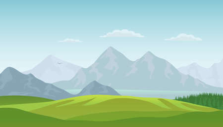 Summer landscape background with green valley, pine forest woods, lake and mountains. Traveling, Extreme Sports, Vacation and Outdoor Recreation Concept, Flat design. Vectorのイラスト素材