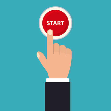 Hand push start, Press the button, Flat style,  top view. Touch icon concept. Vector