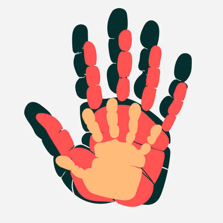 Handprint of family. Palm of man, woman and child.  Symbol of parenting relationship. Mom, dad and baby hand together. Vectorのイラスト素材