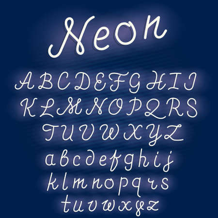 Neon alphabet script font glowing letters set. Retro Character typeset.  vectorのイラスト素材