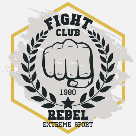 Fight club sign, Fist with laurel wreath, hand silhouette, boxing emblem in vintage style. MMA Sport fighter emblem. Vectorのイラスト素材