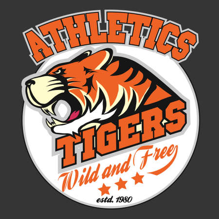 Angry Tiger Sport team emblem, wild big cat head. Cute face of Black Cat. Aggressive cat with bared teeth in cartoon style, t-shirt print designのイラスト素材