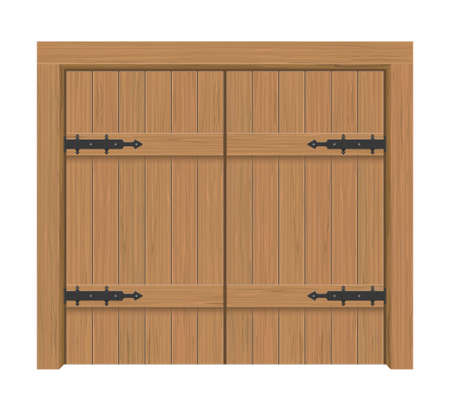 Wooden door gate, Interior apartment closed double-door with iron hinges, Realistic vector Illustrationのイラスト素材
