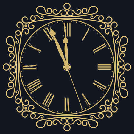 Golden clock for New Year and Christmas design; vintage style, old Retro dial with roman numbers.のイラスト素材