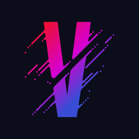 Alphabet letter V with liquid splash and drops, abstract colorful ink abc, stylized dynamic paint trail font. Vectorのイラスト素材