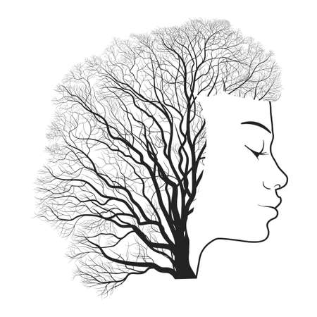 Woman portrait with double exposure, face profile silhouette and autumn tree branches. Vectorのイラスト素材