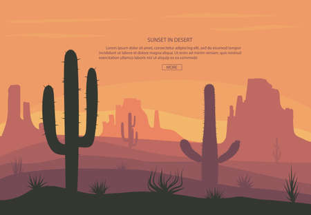 Cactus and mountains in desert landscape, sunset in cannon, Background scene with stones and sand.のイラスト素材