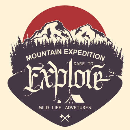 Adventure logo. Outdoor Mountain expedition typography, poster with mountains, tourist tent, bonfire and pine trees. Climbing, Trekking, Hiking, Mountaineering stamp, hipster wear emblem. vectorのイラスト素材