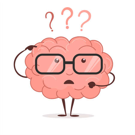 Brain cartoon with questions and glasses, human intellect thinks, Brainstorming. Vectorのイラスト素材