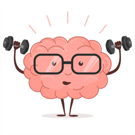 Brain training with dumbbells and glasses on white background, human train intellect, mind fitnes workout, knowledge fitness exercises, lifting weights, cartoon education and Brainstorm concept. Vectorのイラスト素材