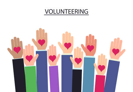 Raised hands volunteering with heart design in cartoon illustration.のイラスト素材
