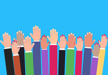 Hands raising up, raised colorful arms, volunteering vector concept, education and business.