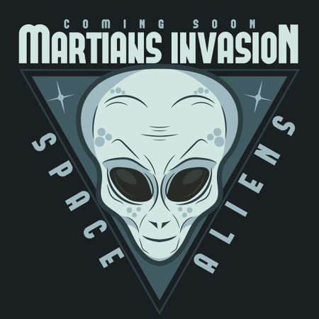 Alien face tee stump, humanoid martian head print, futuristic space invader, paranormal fantasy cartoon emblem vector illustrationのイラスト素材