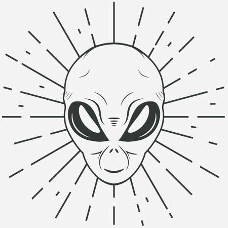 Alien face tee stump, humanoid martian head print, futuristic space invader, paranormal fantasy cartoon emblem vector illustrationのイラスト素材