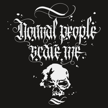 Skull t-shirt with Gothic calligraphy lettering, Hand drawn sketchy design with medieval Blackletter script, scary dead head, rock and biker style print, vintage tee graphics. vectorのイラスト素材