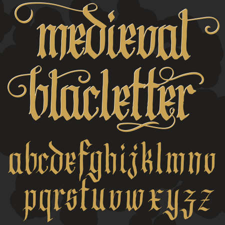 Gothic font, handmade medieval script, lowercase calligraphic letters, Full alphabet set, Blackletter style typeface. Vectorのイラスト素材