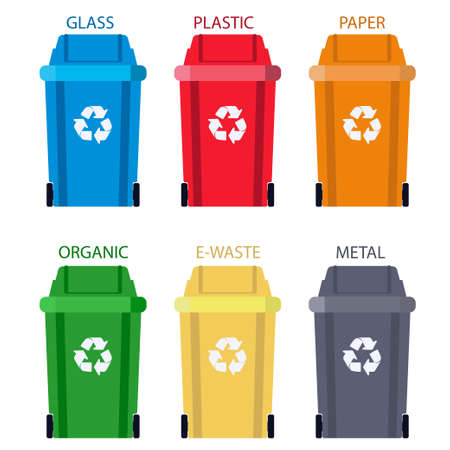 Garbage can Separation of waste. Disposal refuse rubbish bin. Different Colored wheelie basket set. Sorting and recycling of organic, plastic, paper, metal and glass waste and trash management conceptのイラスト素材
