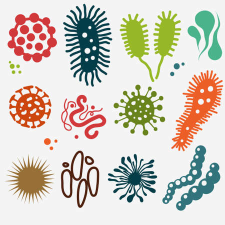 Microscopic viruses various color and shape. Bacteria infection set. Cell illness, germs parasite icon, bacterium and microorganism. Vector illustrationのイラスト素材