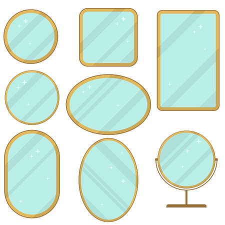 Mirror set, realistic mirrors frame collection, different forms with reflection, Round, rectangular, ellipse. Flat design Vectorのイラスト素材