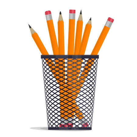 Yellow pencils in holder basket, drawing equipment in a grille office organizer box, metal grid clerical vase. vectorのイラスト素材