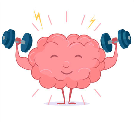 Brain training with dumbbells on white background, human train intellect, mind workout, knowledge fitness exercises, lifting weights, cartoon education and Brainstorm concept. Vectorのイラスト素材