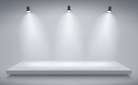 Light box platform with spotlights, Product presentation podium illuminated with light, gray stage with empty space, white pedestal, blank template mockup. vectorのイラスト素材