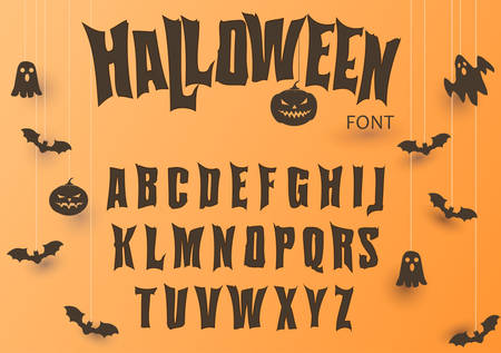 Halloween font, Original Typeface, Scary creepy alphabet, Dirty Letters for holiday party and sale banners, poster with evil pumpkin, ghost and bat. Vectorの写真素材