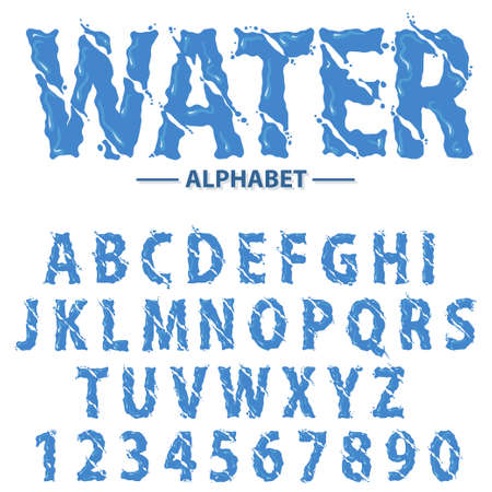 Water drops alphabet, Modern futuristic splash headline letters and numbers, abstract liquid font typography. Blue abc Realistic typescript character design. Vectorのイラスト素材