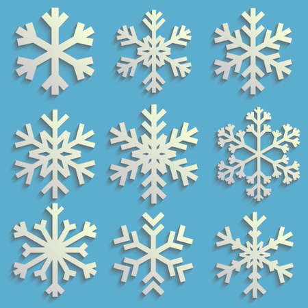 Snowflakes Set with transparent shadow, Snow-flakes winter collection, snowfall vector illustrationのイラスト素材