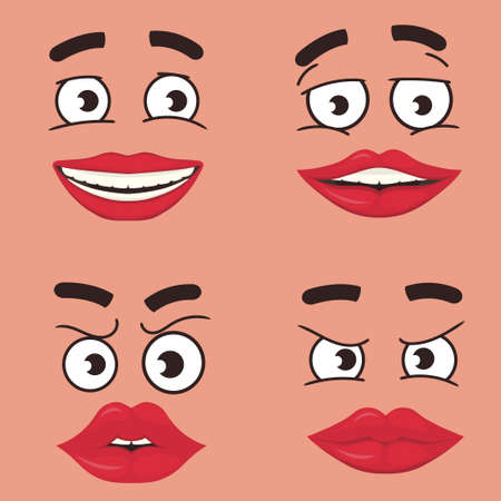 Funny Faces set Cartoon, Comics Face expressions of joy, of sadness, discontent. Emotions mouth and eyes with teeth, vector collectionのイラスト素材