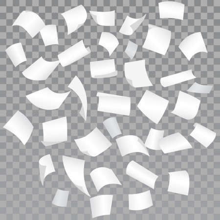 Falling paper sheets with curved corners on halftone background. Blank paper sheet Chaotic flying down. White office documents over transparent layout. Paperwork, advertisement, bureaucracy. Vectorのイラスト素材