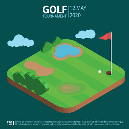 Golf course isometric landscape, hole with flag an ball. Golf-club Sport Composition Concept and Elements. Playing field, Green lawn, bushes and pond. Vectorのイラスト素材