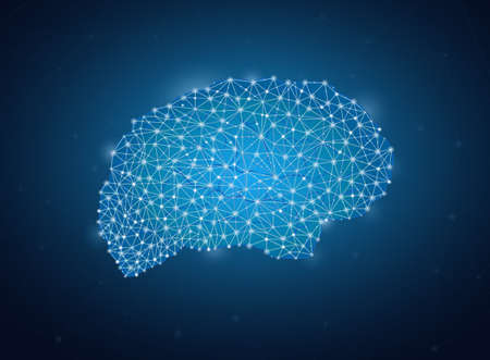 Brain shape business network, Blockchain Industrial Concept, polygons mesh graphic, futuristic...