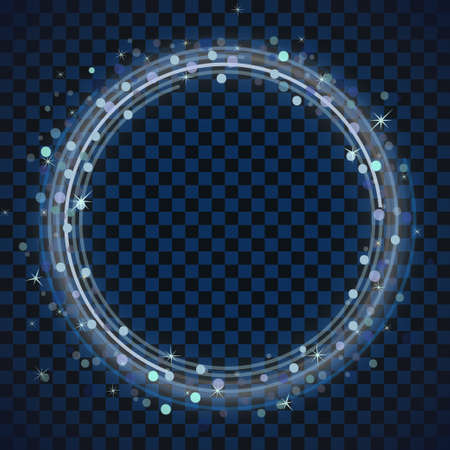 Blue ring frame. Glitter round with bright sparkles. Light effect with circle frame, luminous swirling. Vectorのイラスト素材