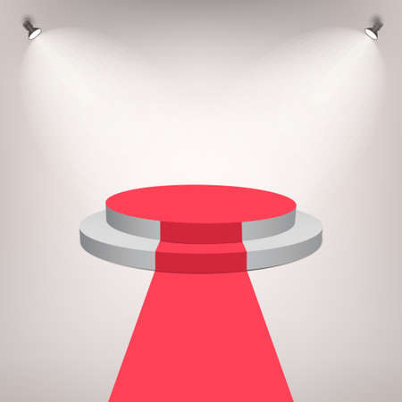Red carpet on a Stage Podium For Award. White empty round Stage with stairs. Pedestal for winners. Three-stage for award ceremony. Vectorのイラスト素材